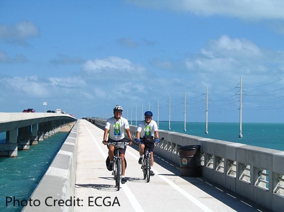 2 people biking over bridge