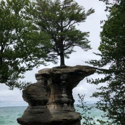 Rock formation with tree growing on it on over water at Lake Superior