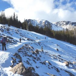 Snowshoers on a trail in Rocky Mountain National Park