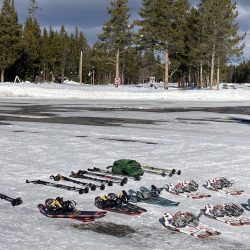 Snowshoes laid out in the snow