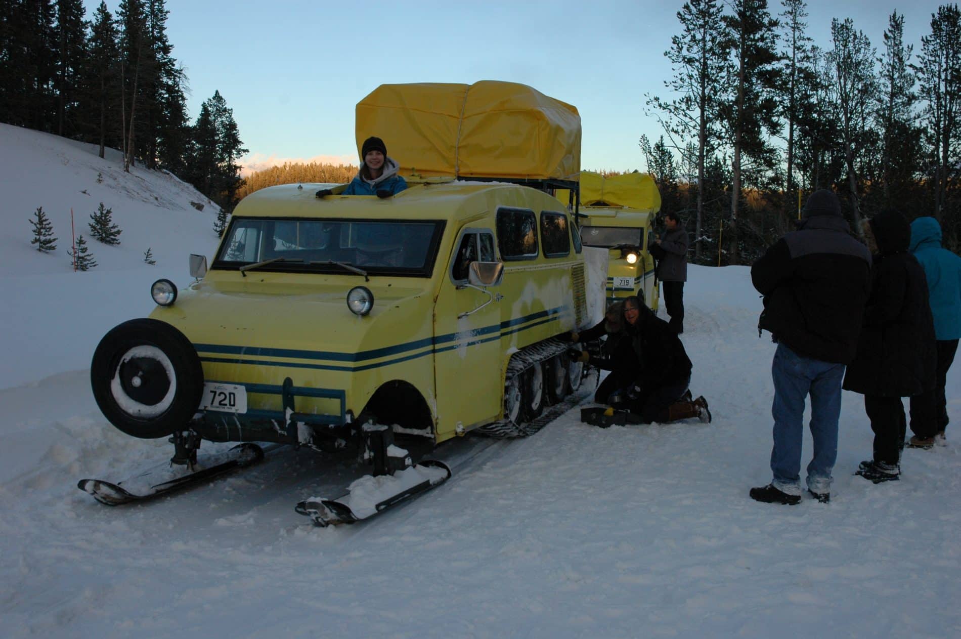A ride on the Old Bombadier shuttle into Yellowstone National Park in winter