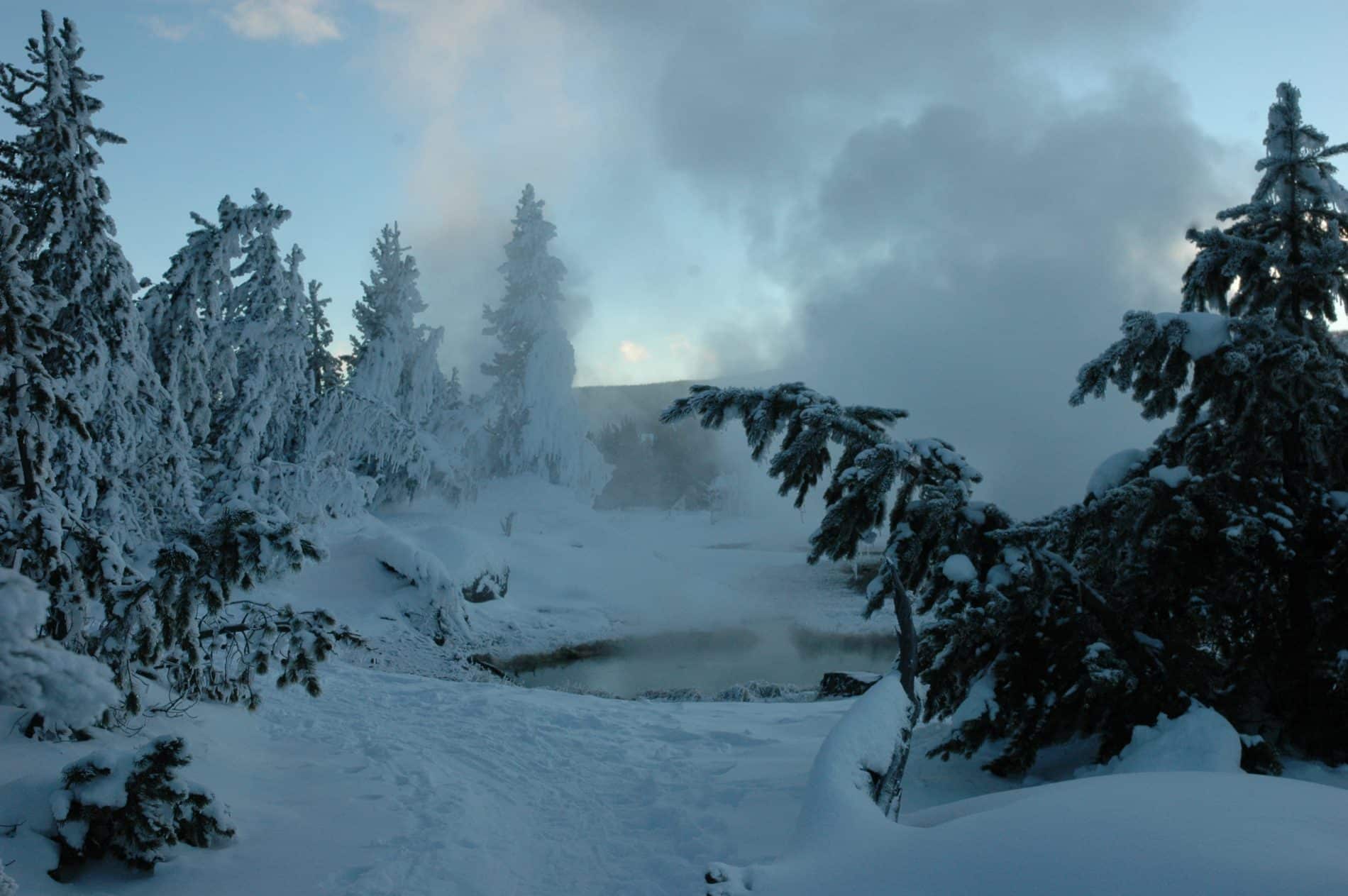 Yellowstone National Park with snow and a steaming pool